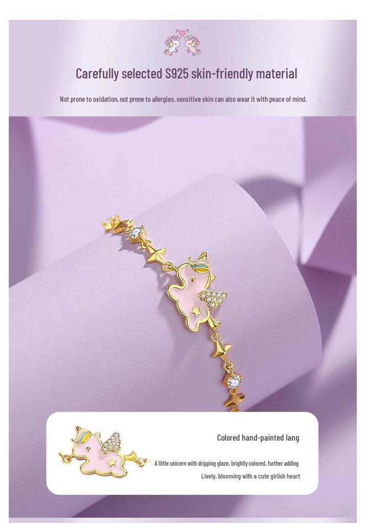 Tichia Rainbow Unicorn Bracelet: S925 Silver, Enamel, Heart Design for Women