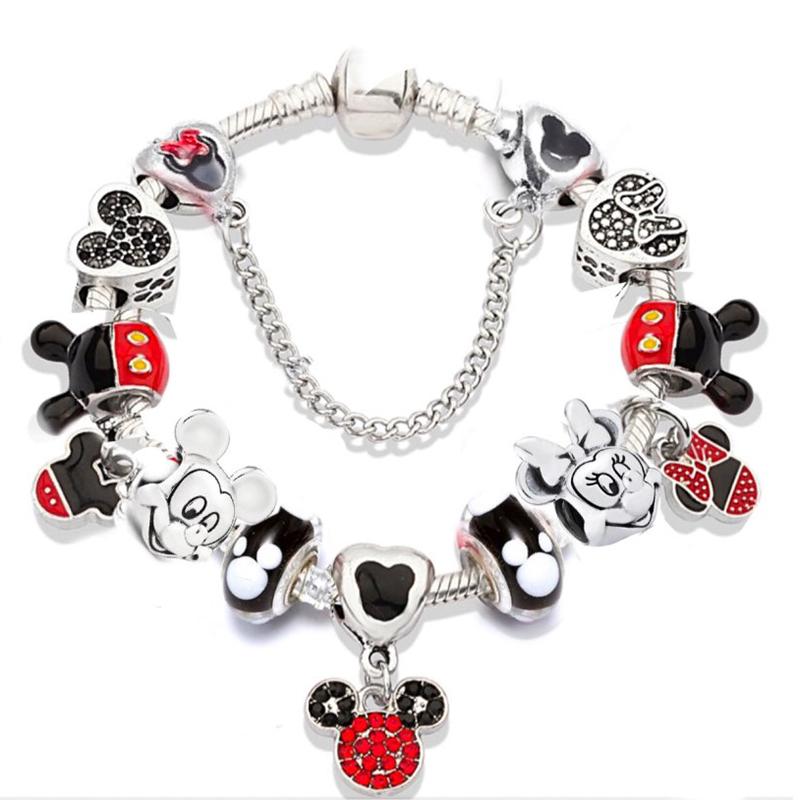 Potdemiel Pink Enamel Crystal Minnie Charm Bracelets Silver Color Heart Cartoon Bead Jewelry for Women Girl Gift