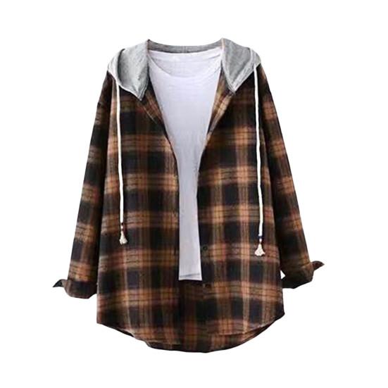 

Жіночий Худі Пальто Клітчастий Принт Контрастні Кольори Вільний З Капюшоном Довгі Рукави Шнурок Кардиган Однобортний Кнопки Весняна Куртка для Повсякденного Носіння L кавовий