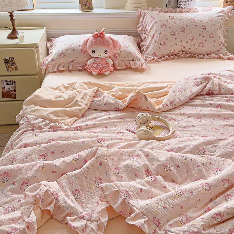 Korean Quilt with Lace and Ruffle Pure Cotton Patchwork Comforter for Summer Skin-Friendly Breathable Cooling Blanket for Home
