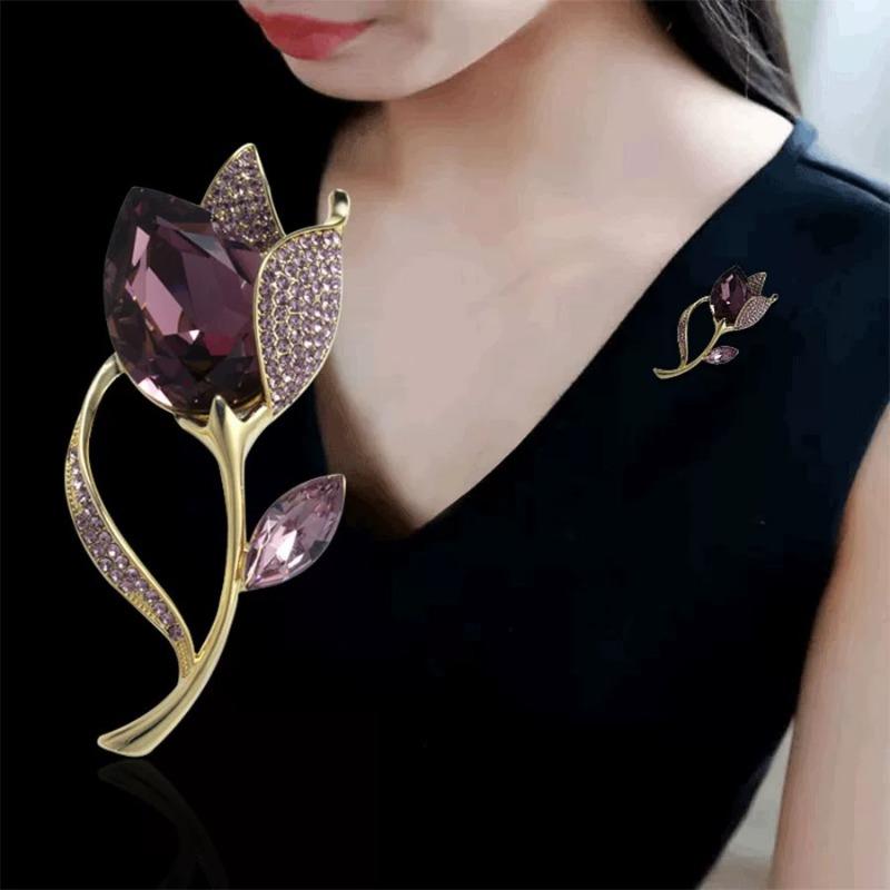 Broches Tulipe Fleur Cristal Violet pour Femmes Vêtements Élégants Accessoires Costume Broches de revers Bijoux de Fête Cadeaux