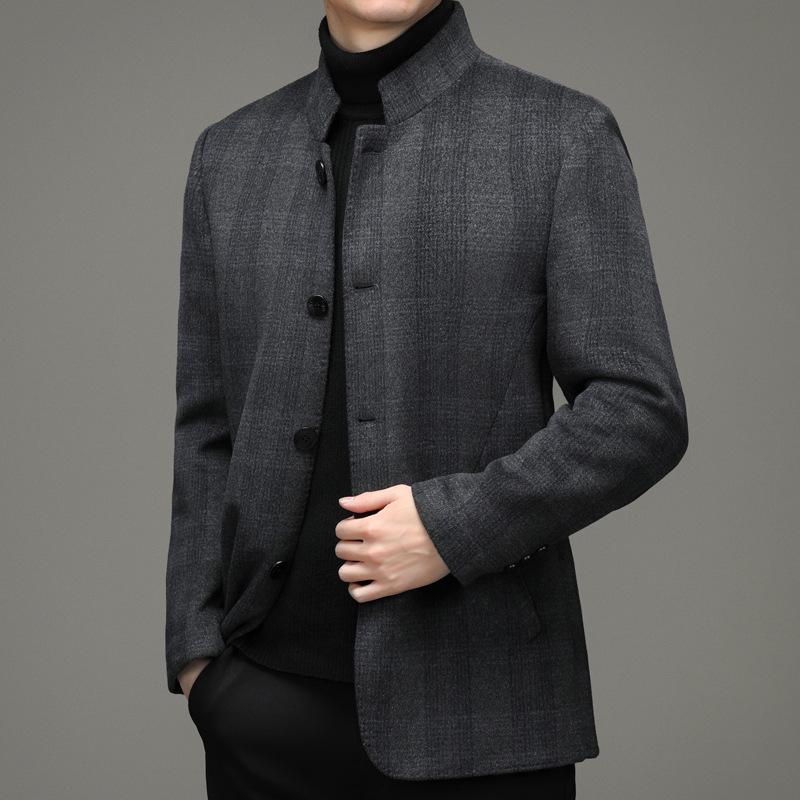 Hengyuanxiang Men's Wool Stand-Up Collar Zhongshan Jacket - Casual Woolen Coat for Seniors