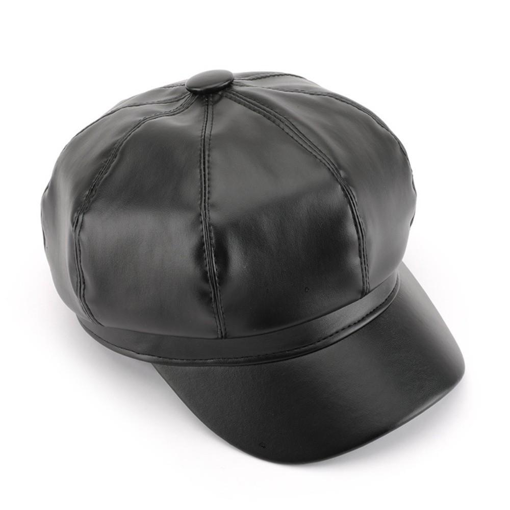 Solid Color Vintage PU Beret Cap British Black Octagonal hat JK Korean Leather Painter Hat  Casual