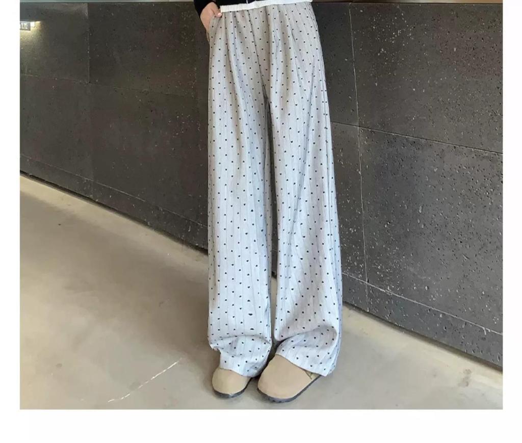 145cm Petite Women's Flocked Heart High-Waisted Wide-Leg Pants - Spring/Summer Casual Floor-Length Straight-Leg.