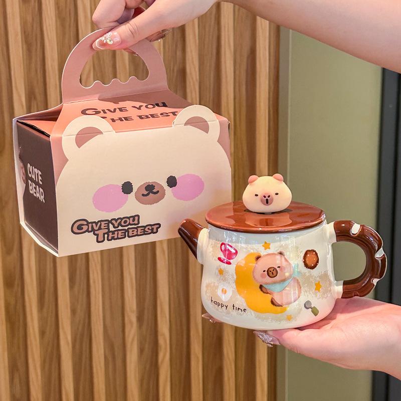 ins high-value cute kapibara kettle boy and girl couple ceramic mug with lid spoon birthday gift