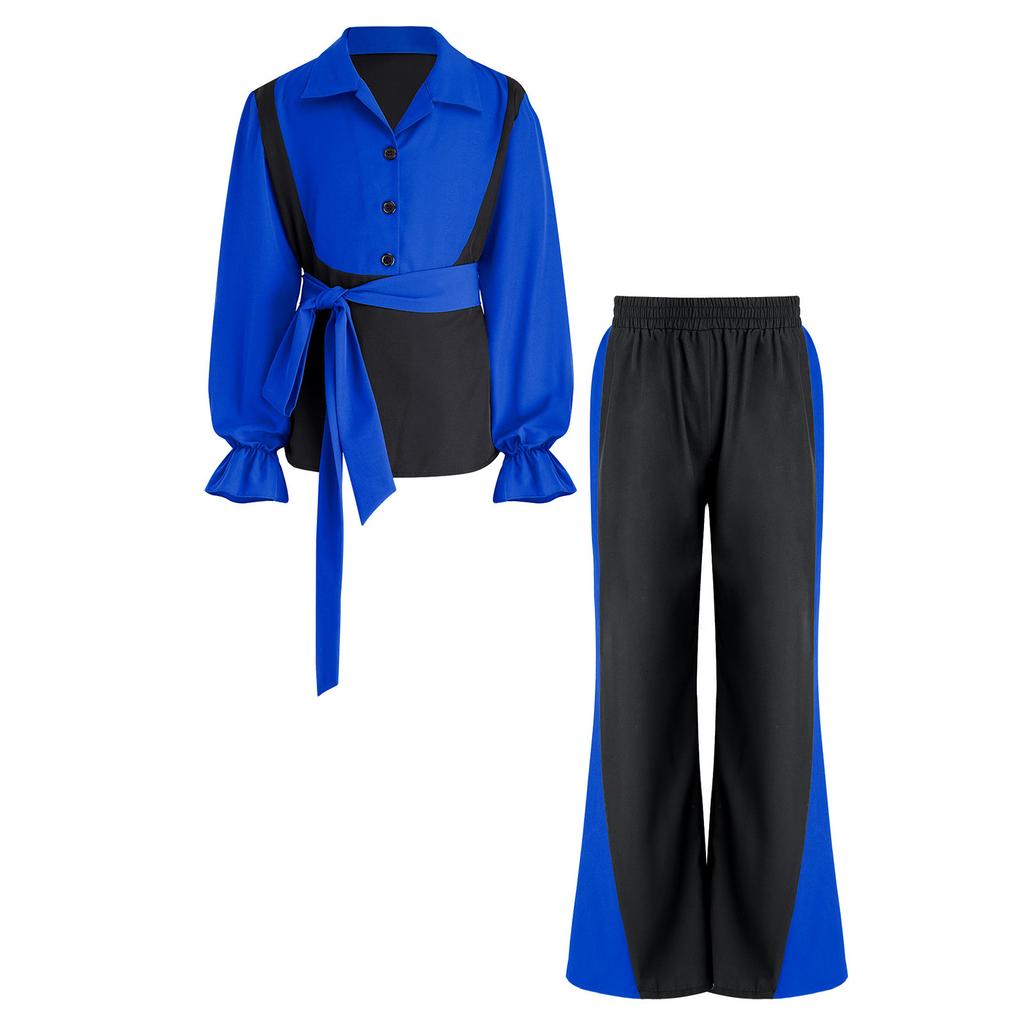 Chlapecký outfit na flamenco tanec Color Block Sklápěcí límeček Dlouhý naberaný rukáv Svetr Kalhoty s elastickým pasem Pásek