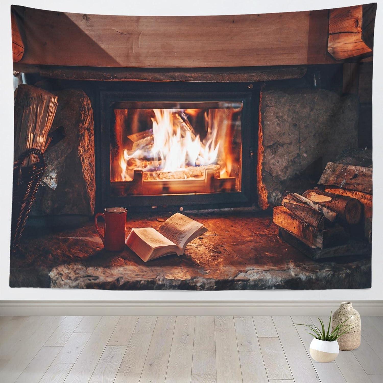 Tapestry loccor burning wood fireplace wall 75x100