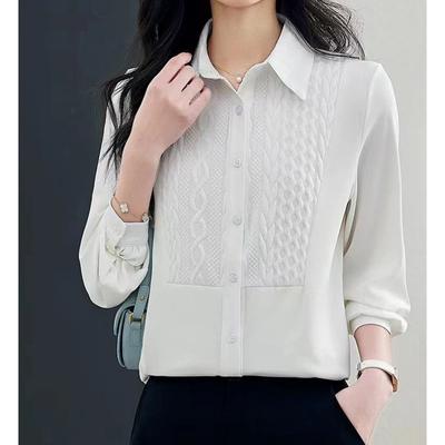 Women White Textured Shirt Lapel Long Sleeve Elegant Minimalist Commute Casual Blouse Office Top