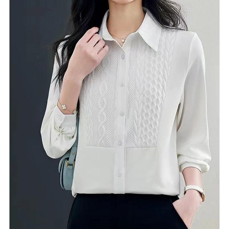 Женская Белая Рубашка Текстурированная Воротник Длинный Рукав Элегантная Минималистичная Для Поездок на Работу Повседневная Блузка Офисный Топ S