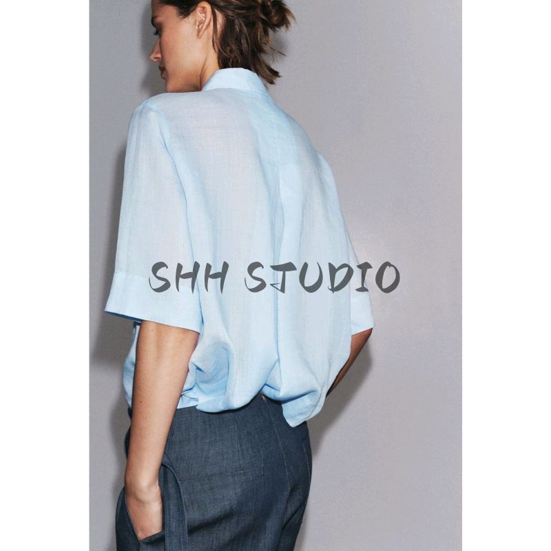 Summer New Product Women's Clothes Decorated Row Button Straight-leg Hem Lapel Short Sleeve Casual Temperament Shirt 3732927