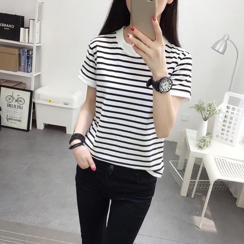 Summer Women's Loose Cotton Short-sleeved T-shirt Striped Half-sleeved Commuter Top