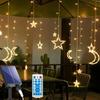 LED Solar/Battery Star Moon Fairy String Lights Waterproof Curtain Lamp with 8 Modes Timer Remote for Outdoor Home Party Decor