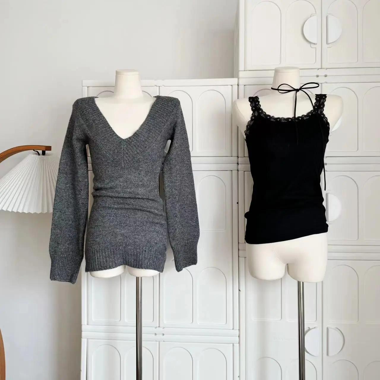 

Сексуальный готический свитер с V-образным вырезом, женский, винтажный, эстетичный, с длинным рукавом, трикотажные изделия 2000-х, для вечеринок и клубов, топы 2000-х годов L