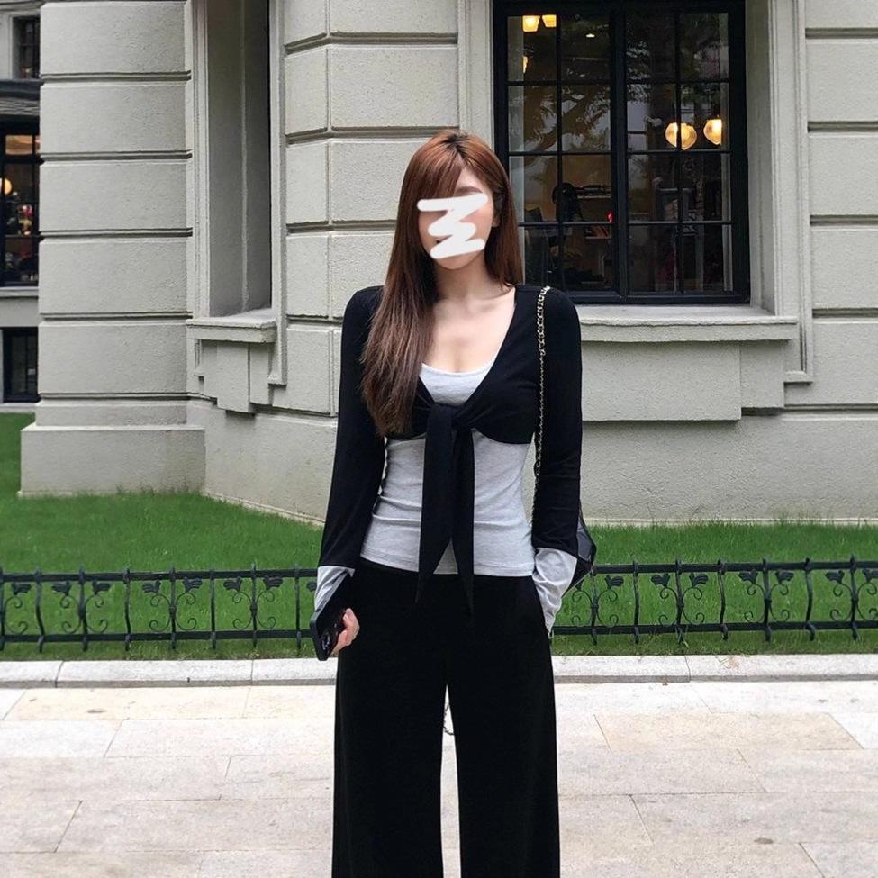 

Korean Style Striped Long Sleeve T-Shirt, Women s Autumn/Winter Two-Piece Look, Slimming Base Layer M чёрный