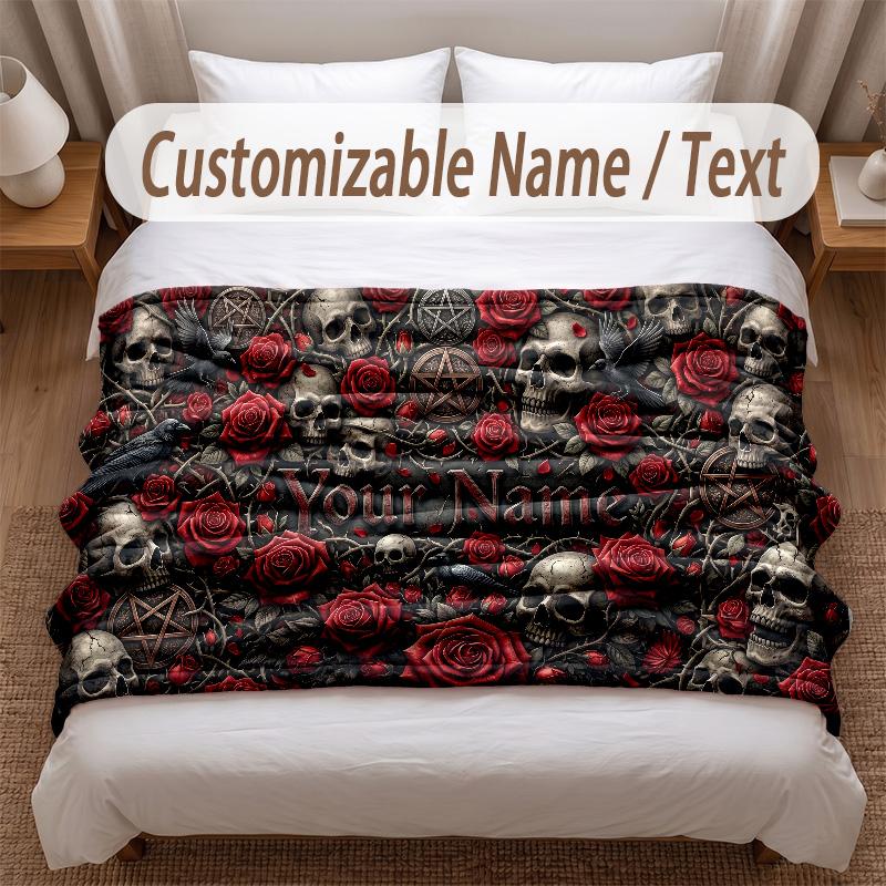Skull Gothic Theme Soft Blanket Personalized Custom Name Text Print Warm Blanket Home Sofa Bedroom Decor