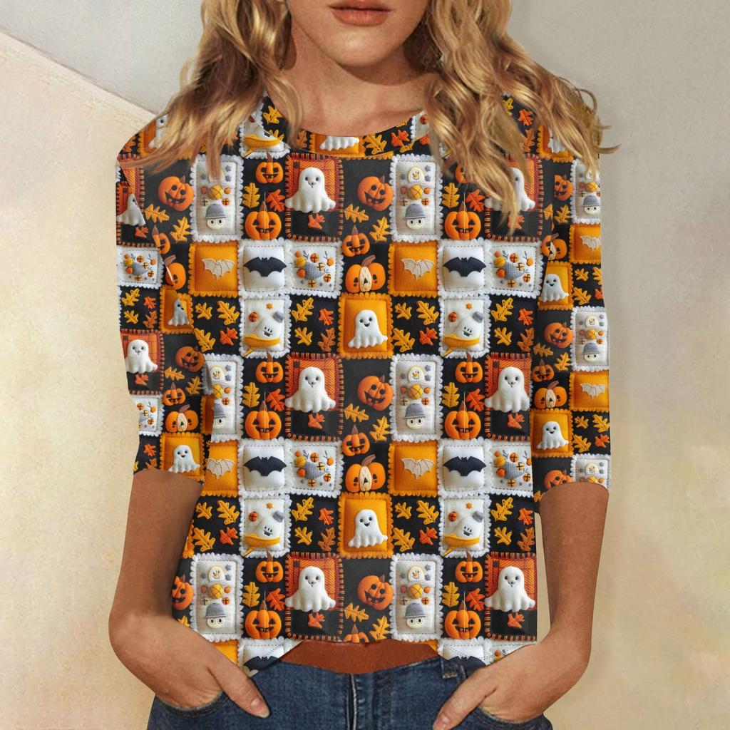 Damenmode Lässig Dreiviertelärmel Halloween-Print Rundhals-Top