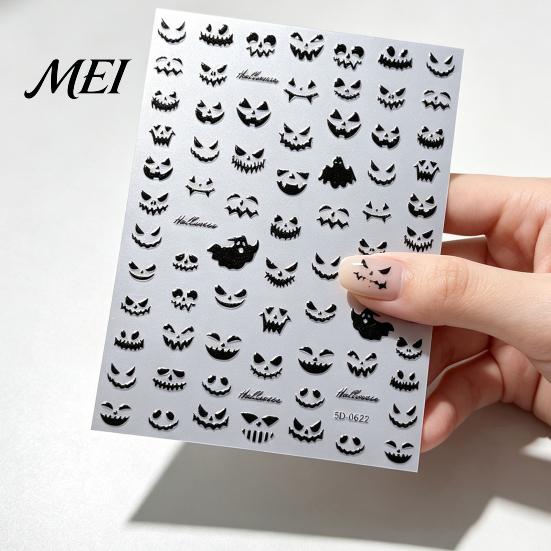 DIY Home Manicure Tools Halloween Nail Art Stickers, 3D Embossed Skeleton Hand Pumpkin Bat Dark Style Wraps Black Decals, Self-Adhesive Sliders