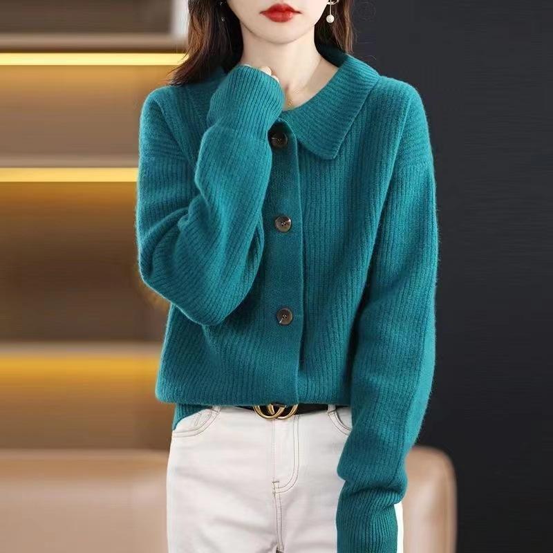 Autumn new gentle retro solid color stand-up neck knitted cardigan women's sweater loose versatile top jacket women