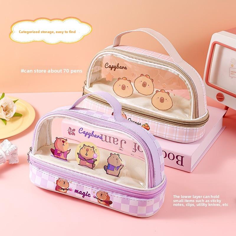 Capybara Pen Case Transparent Dual Layer Storage For School Students