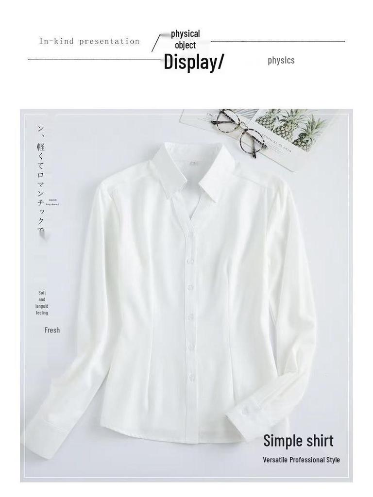 Women's Korean Style Slim Fit V-Neck White Long Sleeve Business Casual Shirt