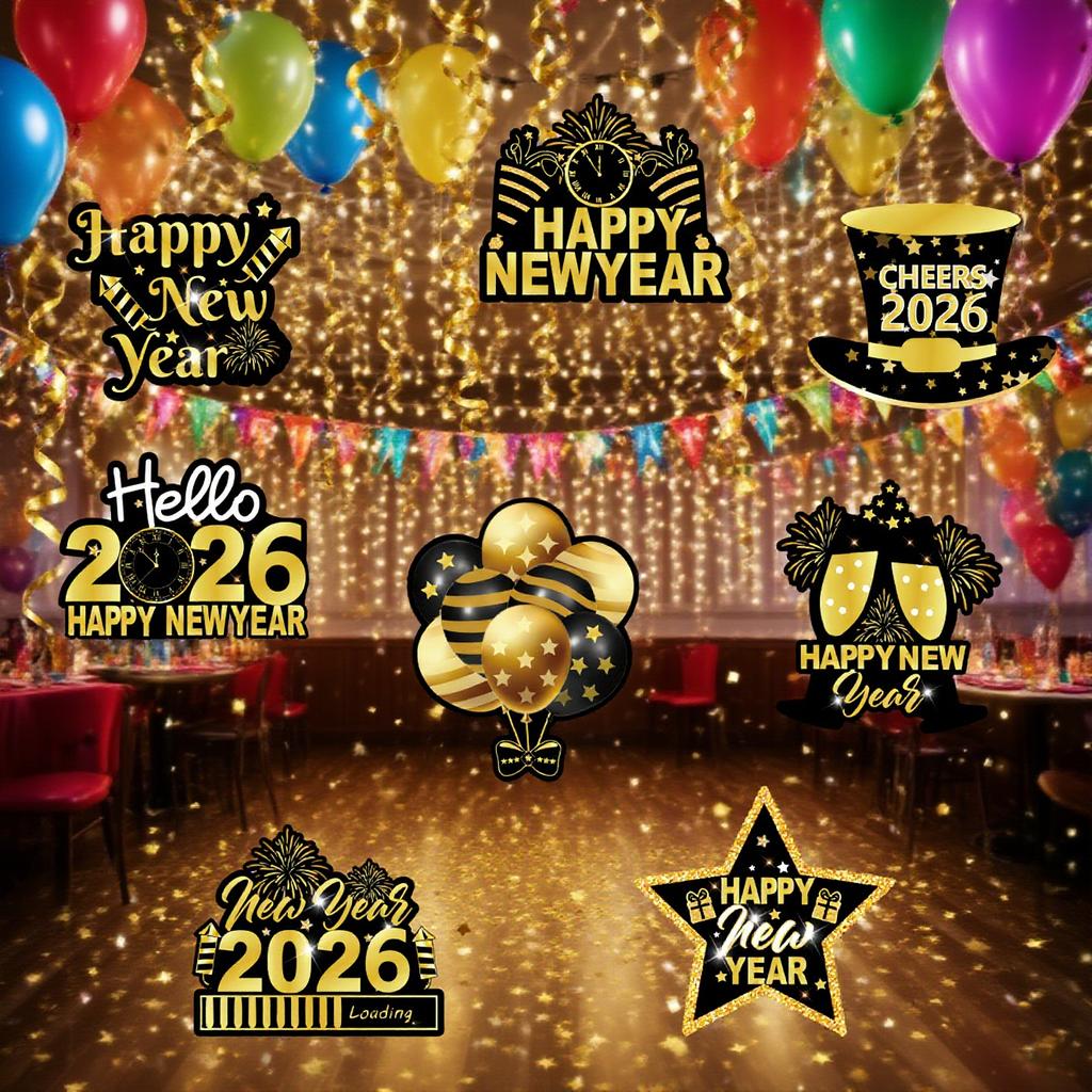 Black Gold Happy New Year 2026 Banner Decorations Hanging Bunting for Spiral Swirls New Year Party Ceiling Streamers Decorations