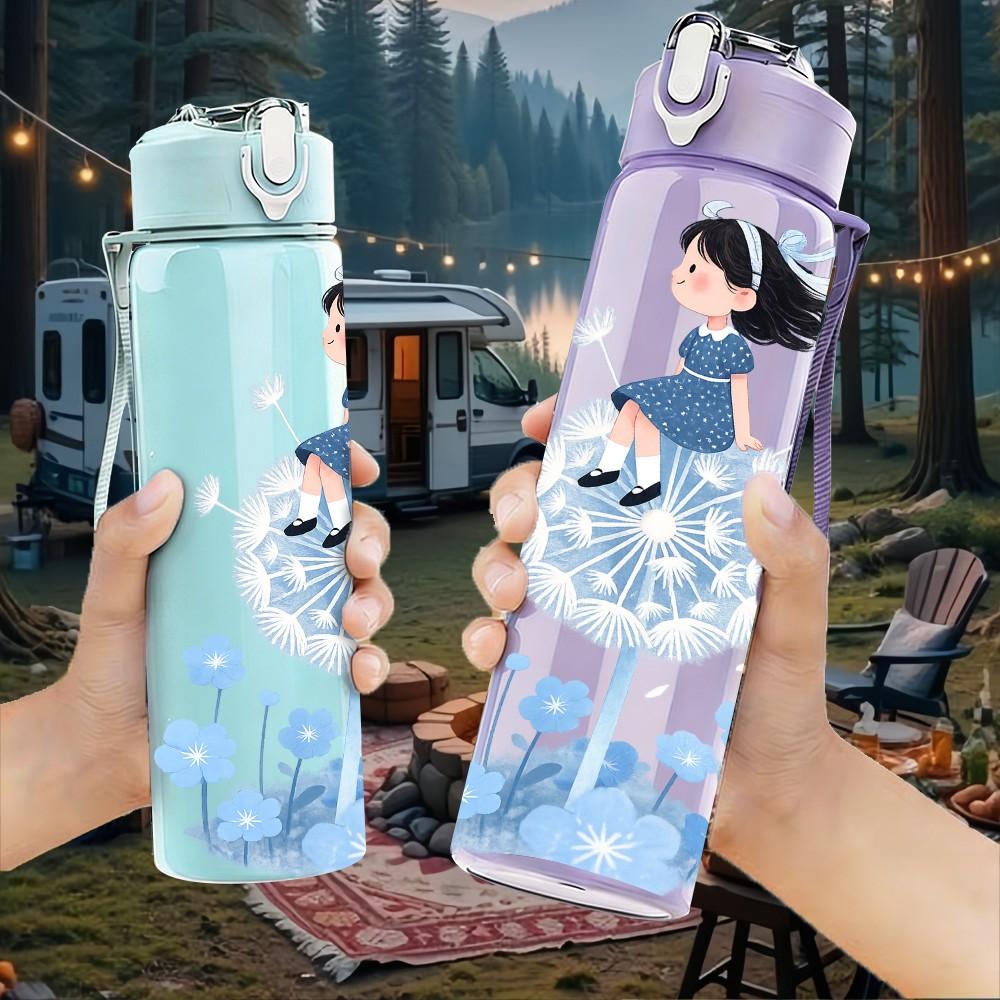 1PC Girl On Bubble Watercolor Pattern 750ml Color Plastic Sports Water Bottle Leakproof Flip Straw Lid Suitable for Sports Office Home Use