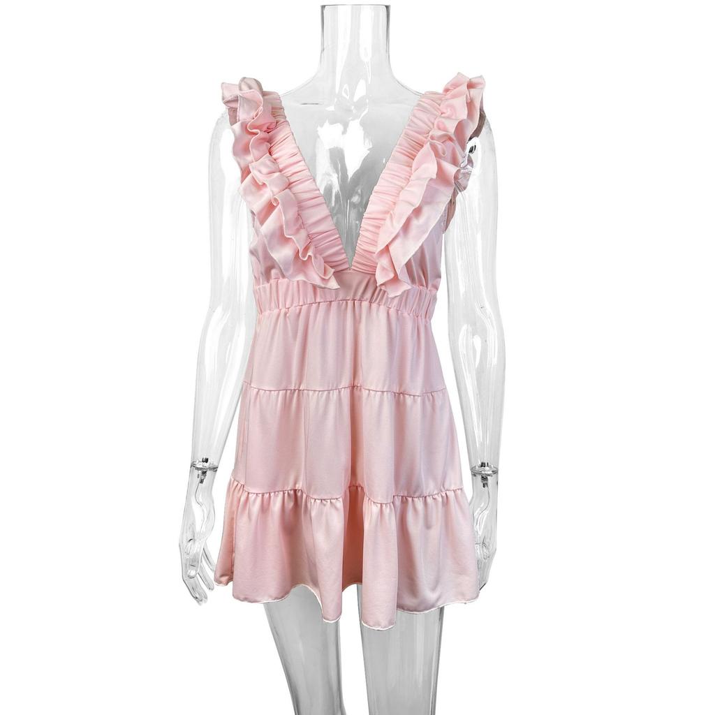 Women's Summer Sexy Deep V-Neck Ruffle Trim Mini Dress Sleeveless High Waist Tiered Slim Fit Party Vacation Dress