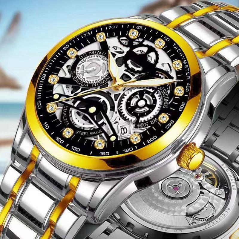 Men'S Automatic Waterproof Luminous Hollow Fashion Fake Mechanical Watch Through The Bottom