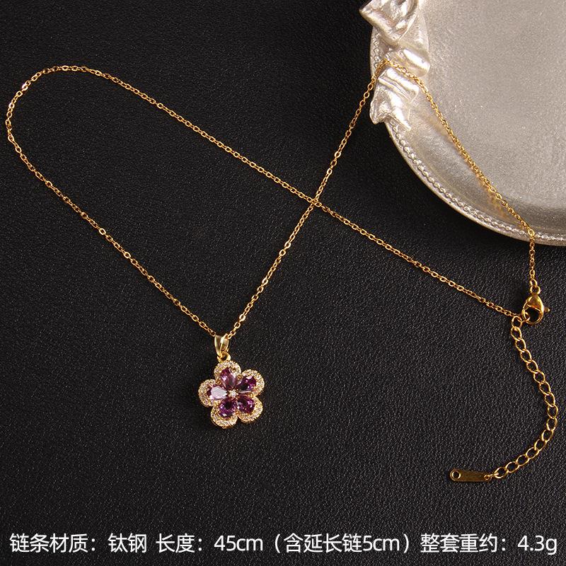 Zircon French Light Luxury Gold Inlaid Necklace Niche Design Four-leaf Clover Flower Pendant Titanium Steel Collarbone Chain New