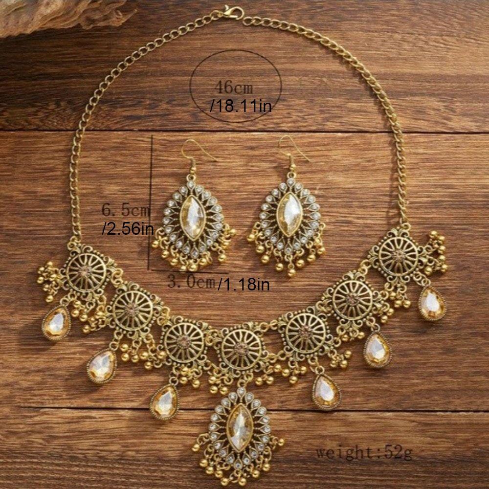 Metal Necklace Earrings Set Bohemia Style Ethnic Style Necklace Set Rhinestone Jewelry Set Women
