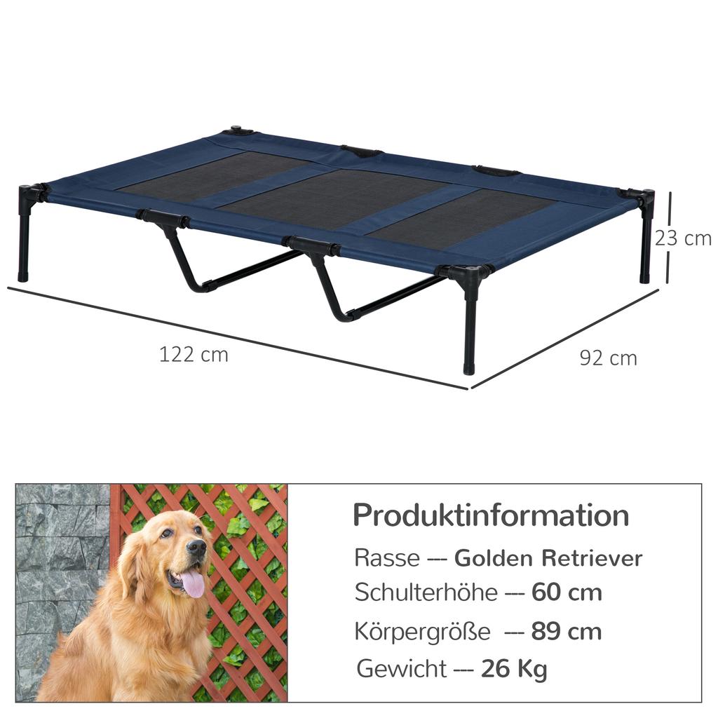 Dog Bed, Foldable, Outdoor Dog Bed, Elevated Stand, 122 Cm X 92 Cm X 23 Cm, Blue + Black