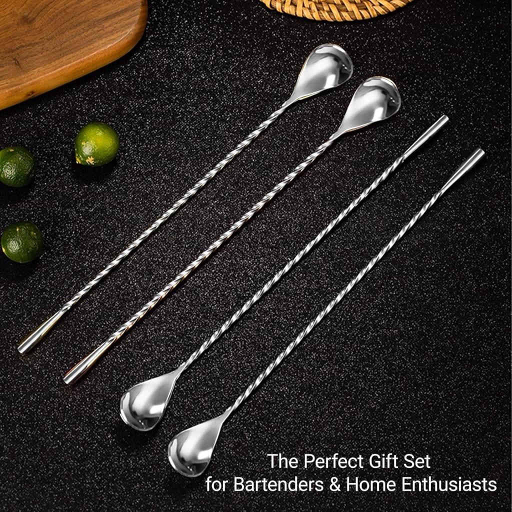 4-Piece Stainless Steel Bar Spoon, 12-inch Spiral Handle Cocktail Mixing Spoon for Bartenders & Home Bars, Long Drink Stirrer for Coffee, Milkshake,