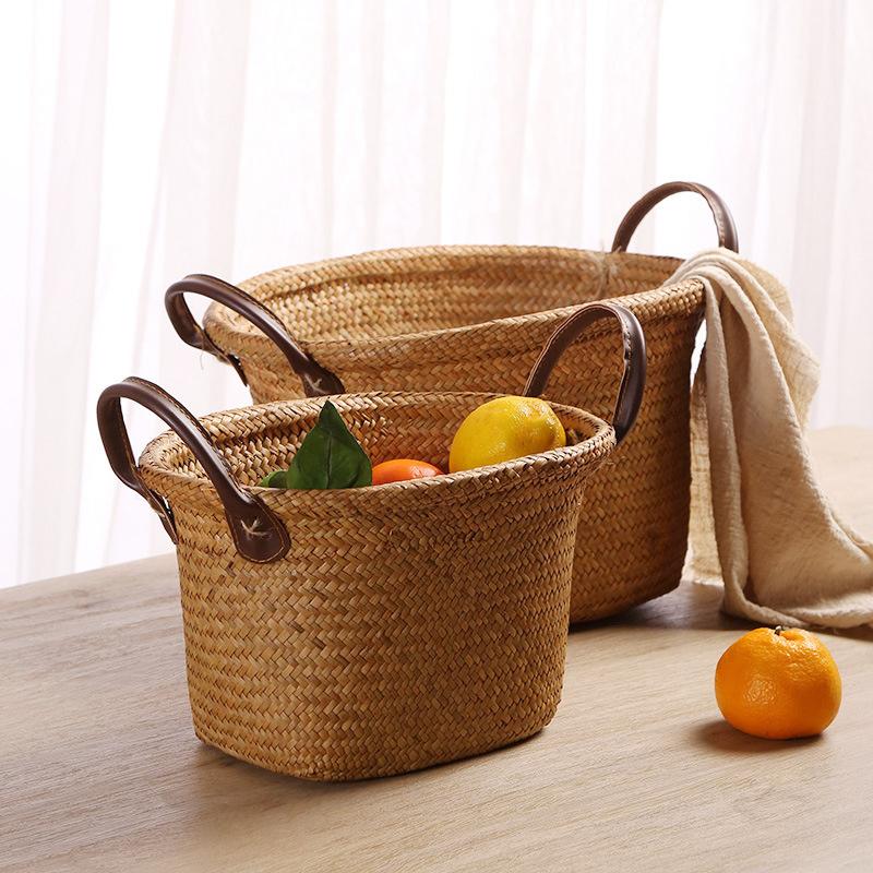 Coș Nordic de Depozitare din Alge Marine Țesute Manual Organizator de Birou Gustări Rufe Bambus Țesut Creativ Decor Acasă Coș Multifuncțional