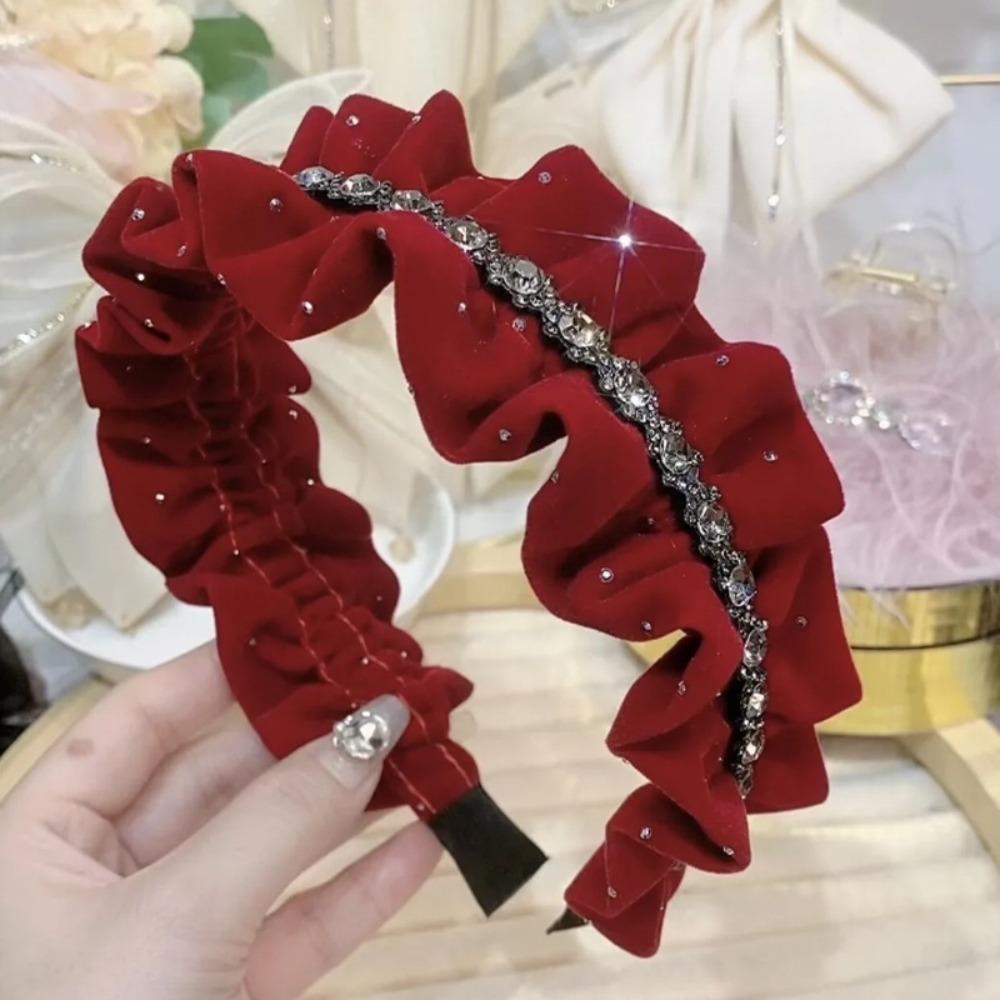 Sweet Velvet Pleated Hair Hoop Elegant Women Sequin Hairband Shiny Rhinestone Headband  Banquet