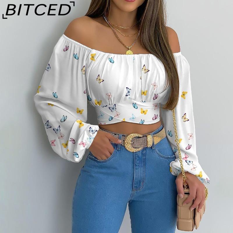 

BITCED Spring/Summer Women s Off-the-Shoulder Cross-Strap Long-Sleeved Top XXL слонова кістка