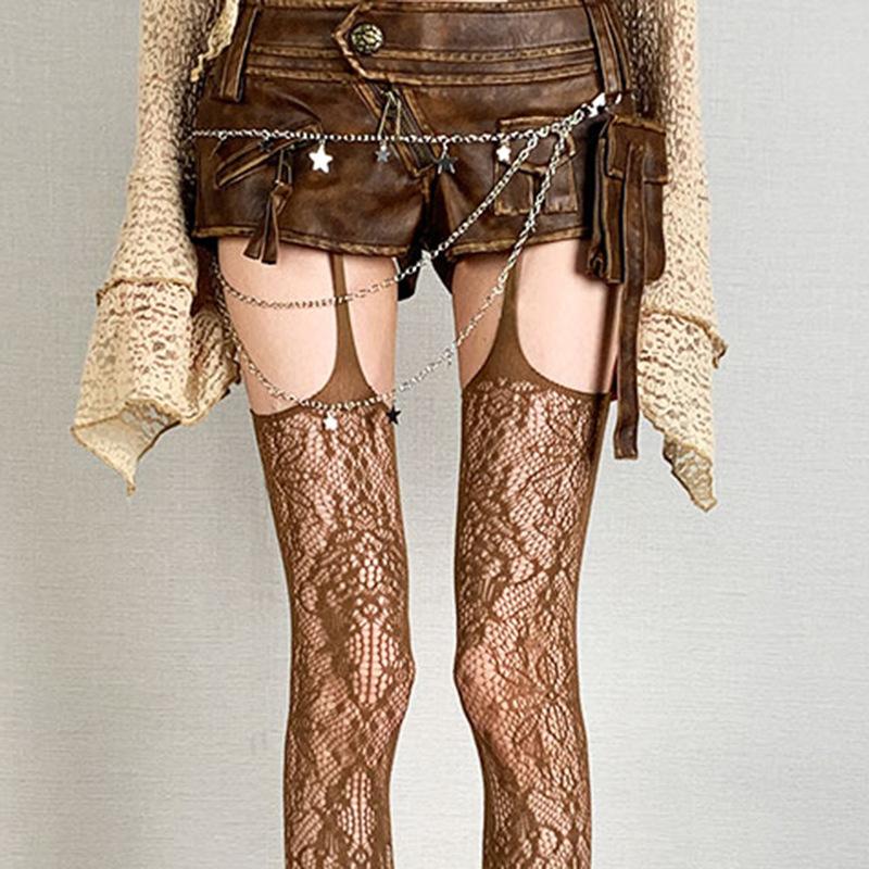 Новый принт Коричневые сетчатые чулки Женские сексуальные кофейные ажурные чулки выше колена Готическая Лолита Японские чулки выше колена One Size