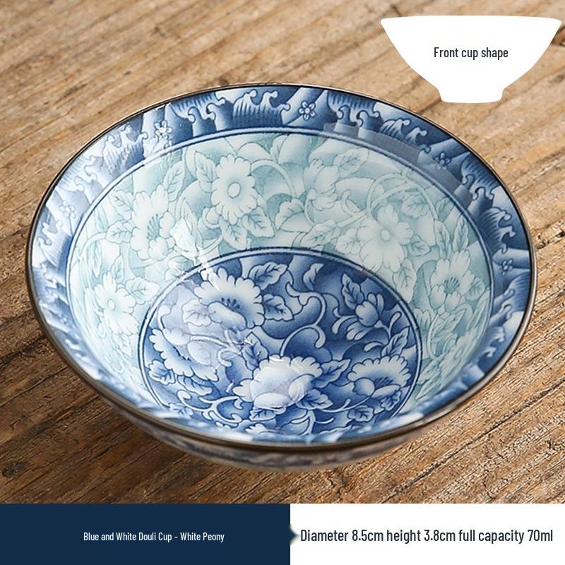 Two-Color Blue & White Porcelain Douli Teacup - Ceramic Kung Fu Master Cup, Japanese Tasting Bowl, Single Tea Cup.