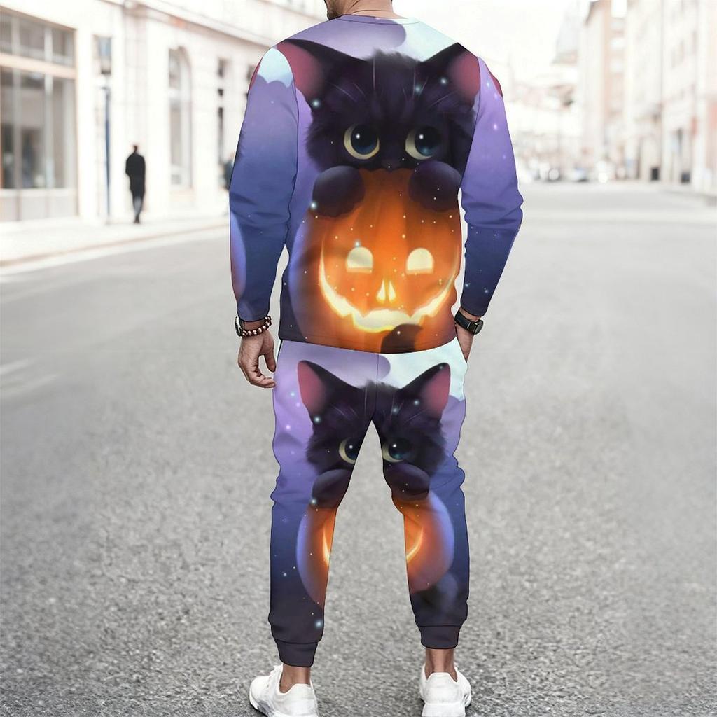 Men Orange Color Block Leopard Pumpkin Sunflower Print Long Sleeve Sweatshirt Jogger Pants Two Piece Suit