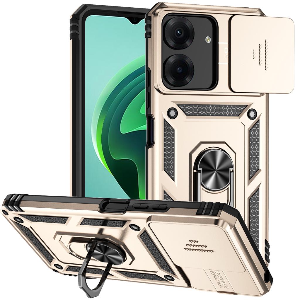 Nárazuvzdorné pouzdro Armor pro Xiaomi Redmi 13C Magnetický držák prstenu do auta Stojan Zadní pouzdro Posuvný kryt objektivu pro Redmi 13C Ochranná pouzdra na telefon