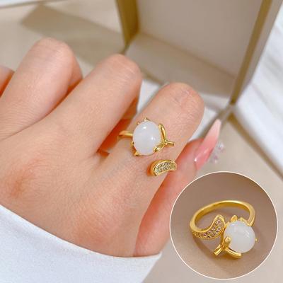 Real Gold, White Jade, Fox Zircon Ring, Adjustable Opening, Simple Jewelry, Japanese Ring, Couple Ring