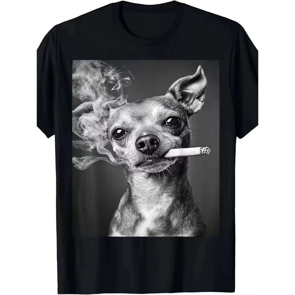 Smoking Dog Chihuahua Funniest Meme T-Shirt Vintage Crew Neck Short Sleeve All-Season Wear