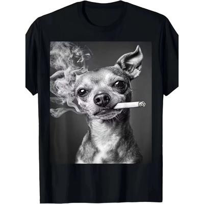 Smoking Dog Chihuahua Funniest Meme T-Shirt Vintage Crew Neck Short Sleeve All-Season Wear