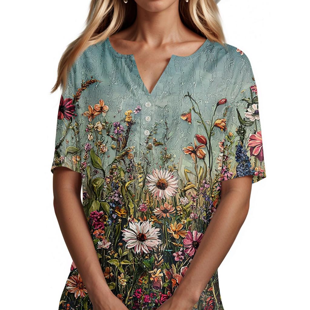 Women's T Shirt Tee Print Button Short Sleeve Daily Weekend Fashion Basic V- Neck Regular Top