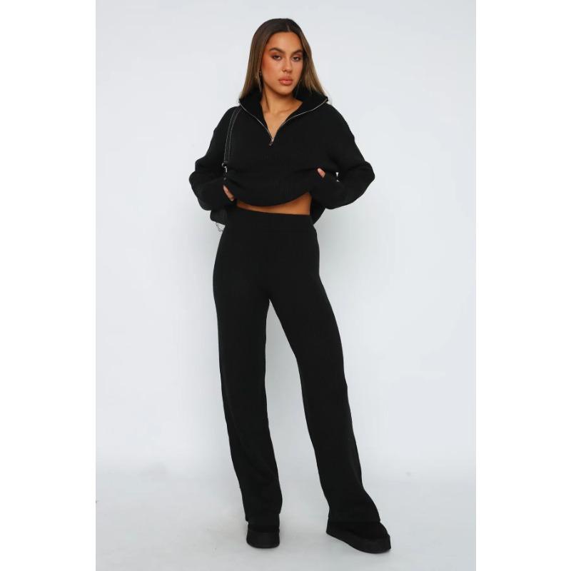 Frauen lose gestrickte Pullover Langarm übergroße hohe Kragen warme Pullover Mode weibliche Herbst Büro Casual Pullover Top Wolle Reißverschluss Anzug zweiteilig