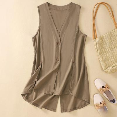 Women's Japanese Mid-length All-match Cotton and Linen Vest Top Sleeveless Vest Thin Jacket Waistcoat