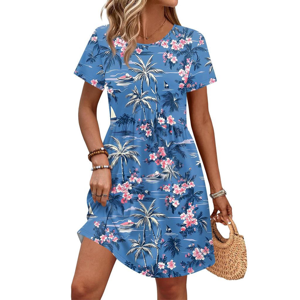 Dresses For Women Short Sleeve Print Round Neck Casual Dresses Waist Dress With Pockets
