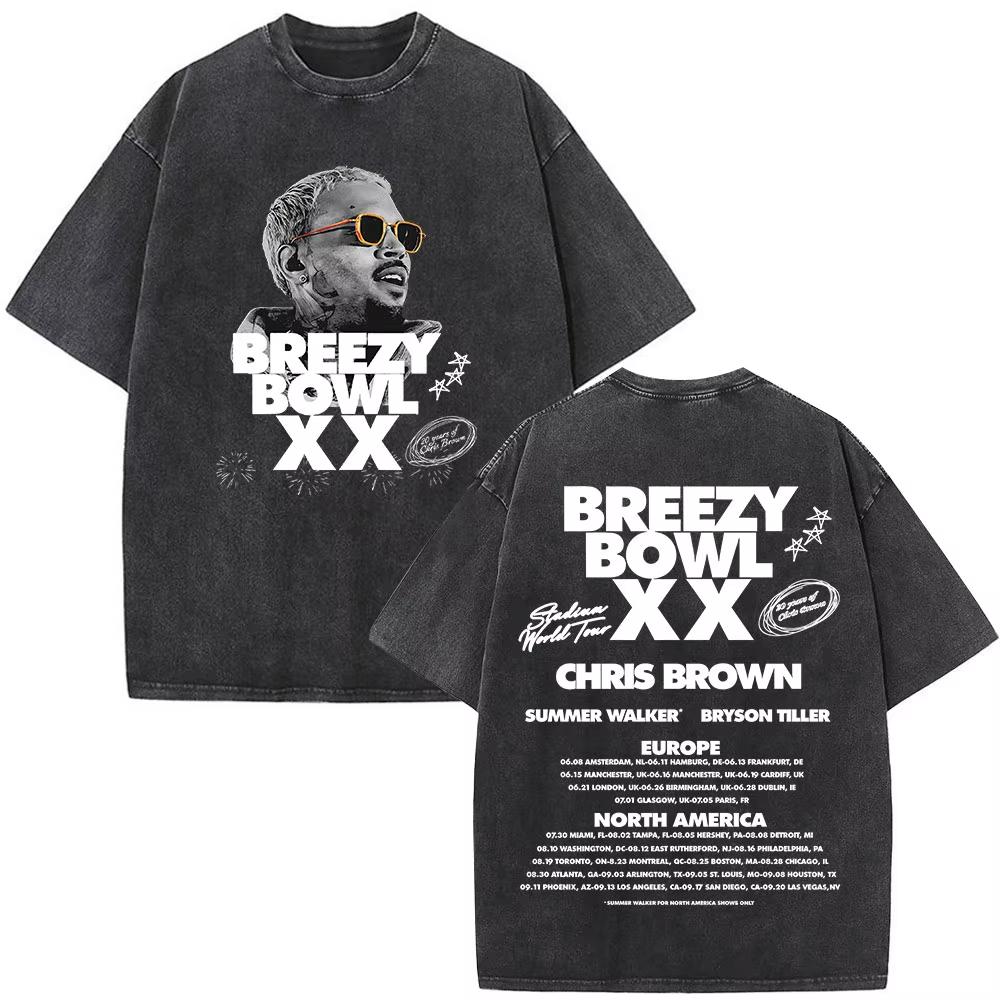T-shirt Chris Brown Breezy Breezy Bowl XX Tour T-shirt Lavate Vintage Moda Uomo Hip Hop Manica Corta Streetwear