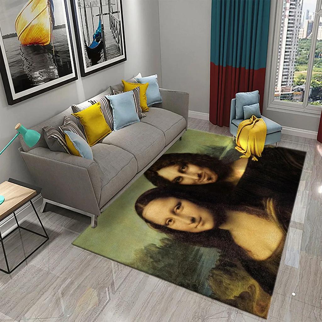 Funny Mona Lisa Oil Painting Carpet Home Decor Painting Mat for Living Room Bedroom Kitchen Bathroom Non-slip Floor Area Mats