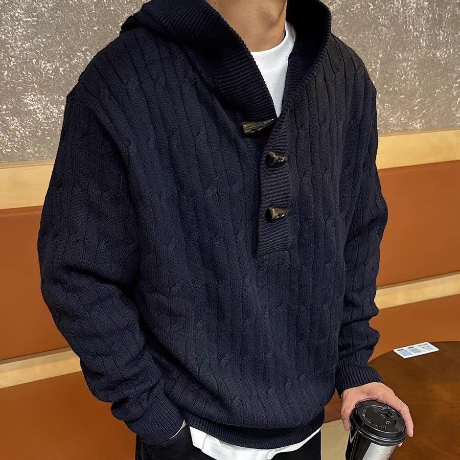 Мужской ретро-кардиган с капюшоном и косами: Повседневный свитер свободного кроя Осень/Зима Large темно-синий