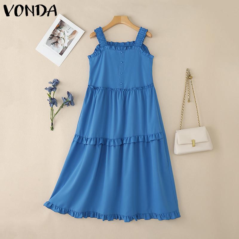 

VONDA Женское платье на бретелях повседневное с квадратным вырезом без рукавов свободное плиссированное платье макси 5XL синий